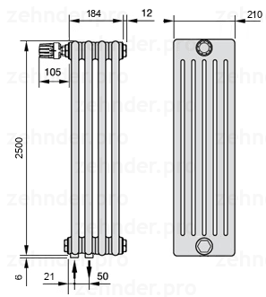 Схема (чертеж) Радиатор Zehnder Charleston 6250/4 №V001 Белый глянцевый RAL 9016
